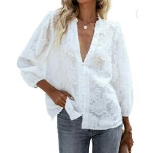 Shein Casual Summer Long Sleeve Shirts Fuzzy Notched Neck Bishop Sleeve  Size XL